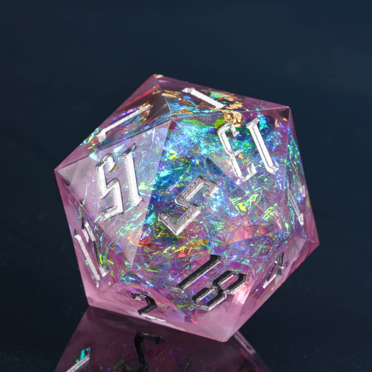 Cusdie 33MM D20 DND Dice with Sharp Edges and Glitter Foil Inclusions, Single 20 Sided D&D Dice, for Role Playing Game Dungeons