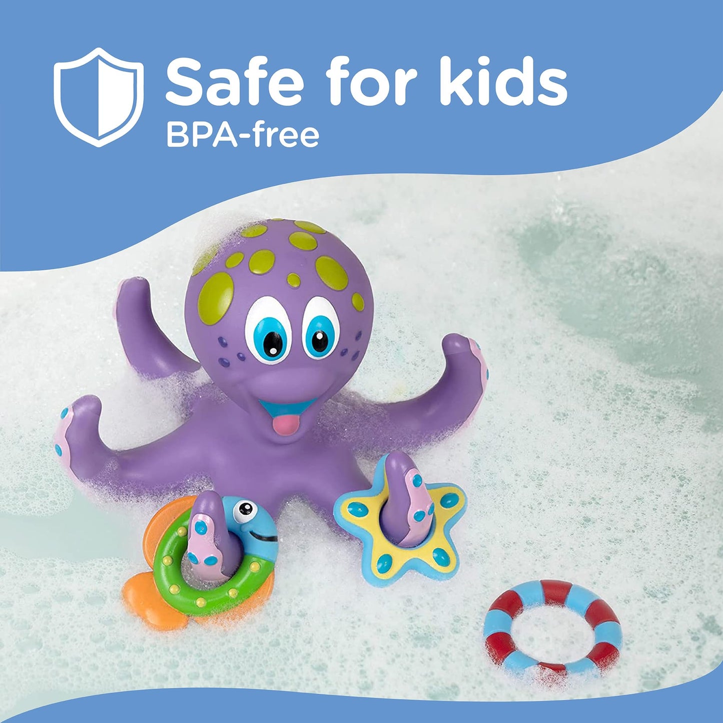 Nuby Floating Octopus Toy With 3 Hoopla Rings - Baby Bath Toy For Boys And Girls - 18+ Months - Purple (Pack Of 1)