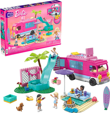 Mega Construx Barbie Dream Camper Adventure Building Toy Set, 580 Pieces, 4 Micro-Dolls, Pink, Ages 6+, Plastic