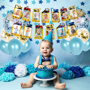 1st Birthday Boy Photo Banner for Baby from Newborn to 12 Months, First Birthday Decorations Boy Monthly Construction Vehicles T