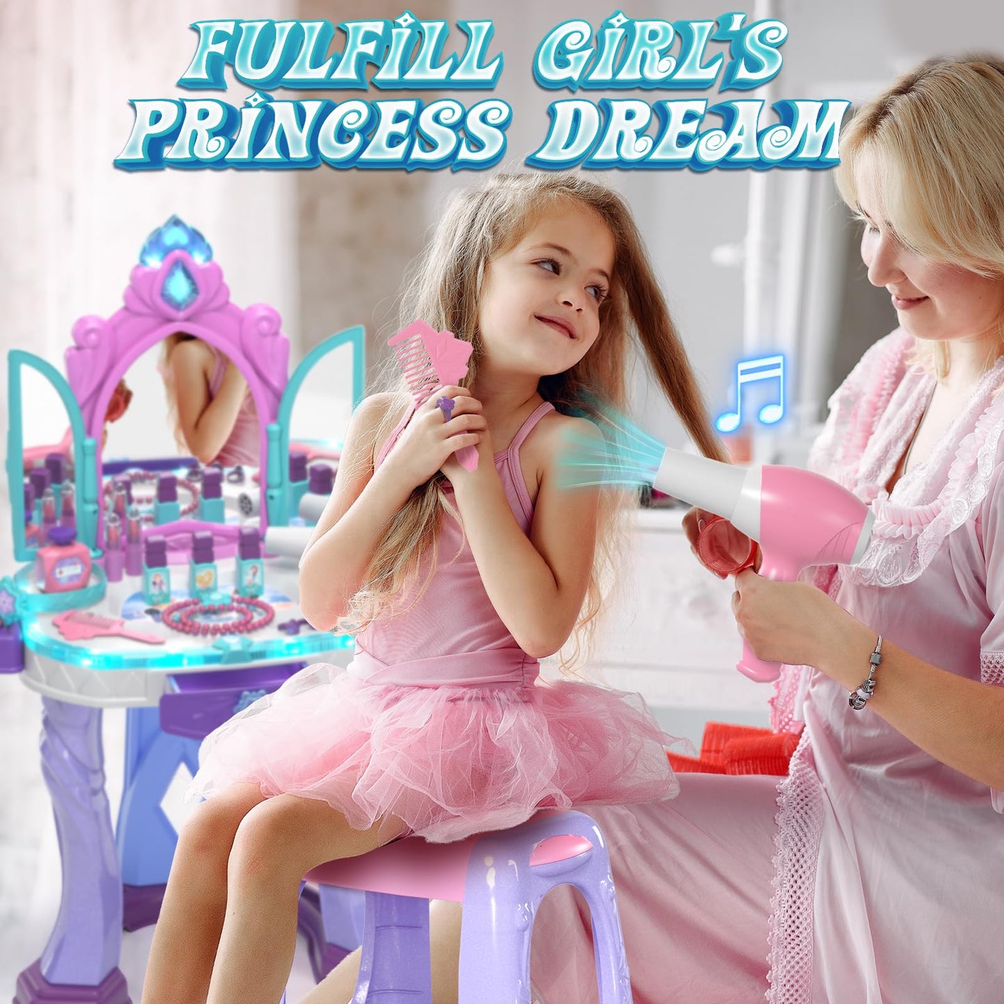 Lehoo Castle Pretend Play Kids Vanity Table And Chair Set, Girls Makeup Table With Mirror Stool Lights Music, Toddler Play Vanit