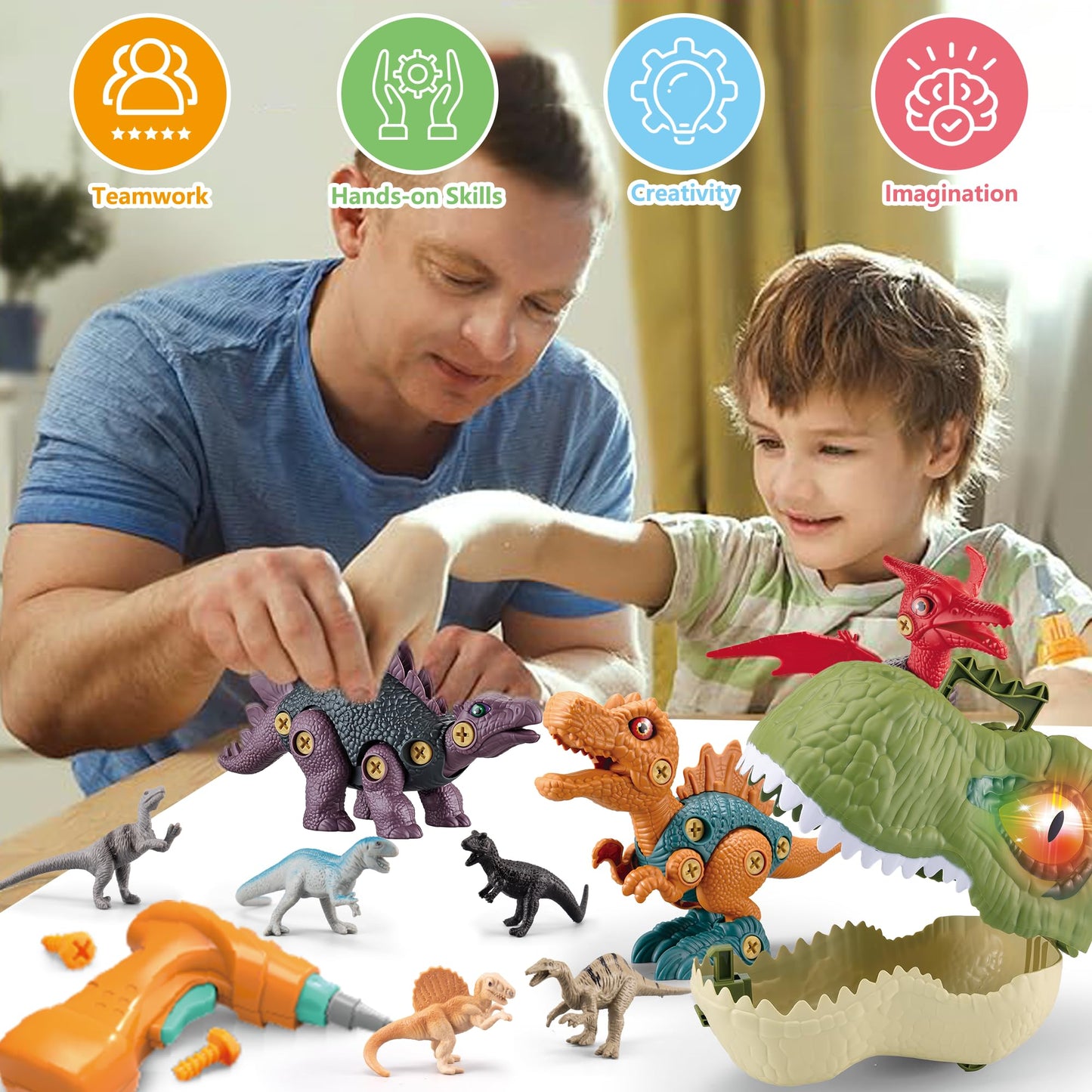Diy Dinosaur Toys Gifts For Kids 3-5-7, 12 Realistic Dinosaurs Figures & 3 Sets Take Apart Stem Construction Building Toys With Electric Drill,Xmas Stocking Stuffer Toys For 3 4 5+ Year Old Boy Girl