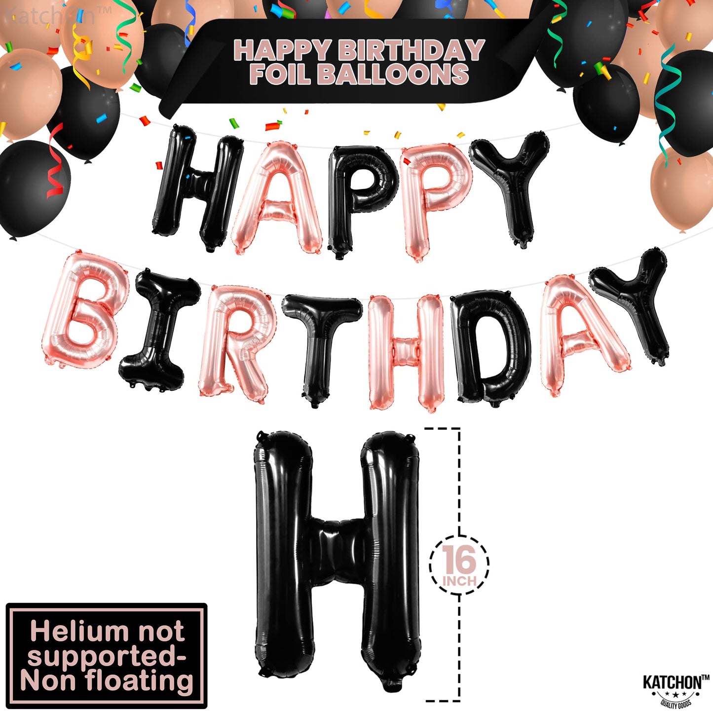 Katchon, Happy Birthday Balloons - 16 Inch | Rose Gold And Black Birthday Banner | Black And Rose Gold Balloons, Happy Birthday Decorations | Happy Birthday Sign, Black And Rose Gold Party Decorations
