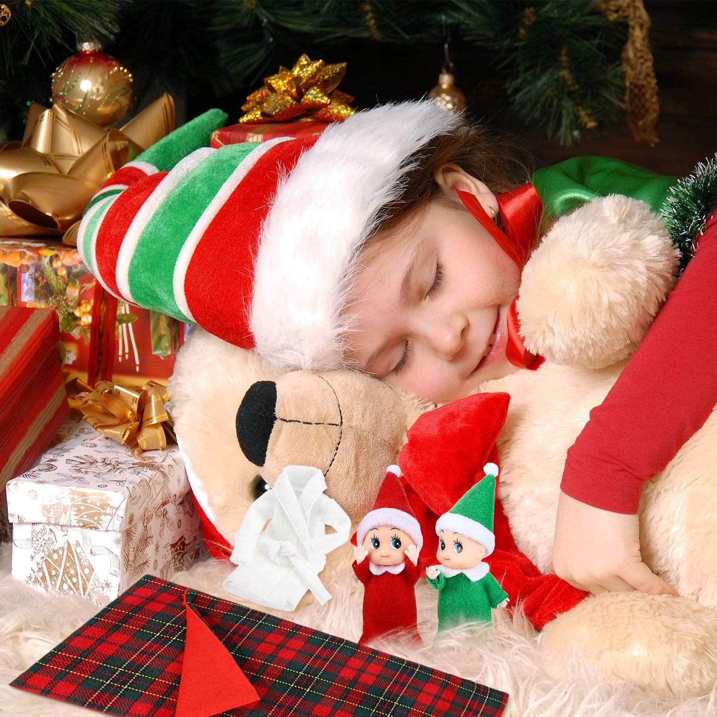 Skylety 2 Pieces Christmas Elf Dolls Baby Twins Red Green And 1 Pieces Christmas Elf Doll Sleeping Bag Red Plaid And 1 Pieces Elf Doll Bathrobe White Xmas Accessories For Elf Dolls