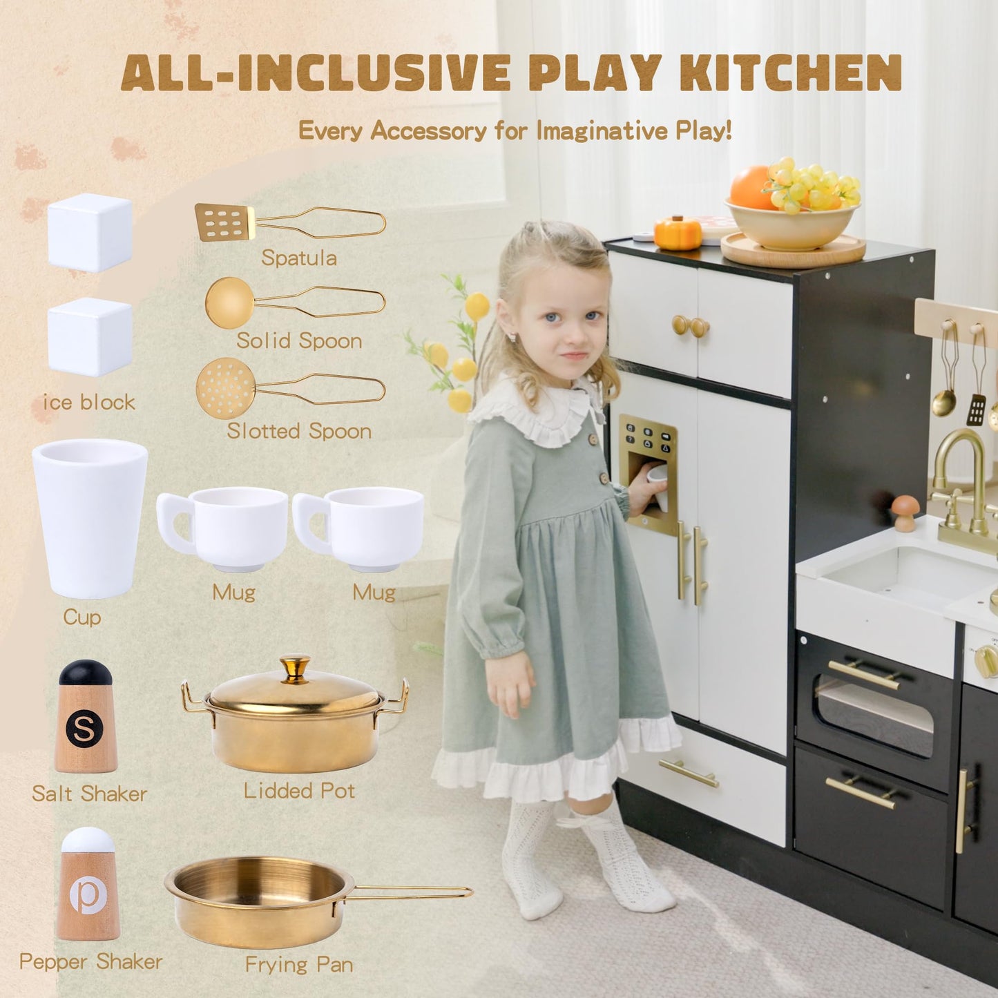 Wooden Play Kitchen Set for Kids - Interactive Pretend Toddler Kitchen Playset with 12 Kitchen Toy Accessories, Perfect for Ages