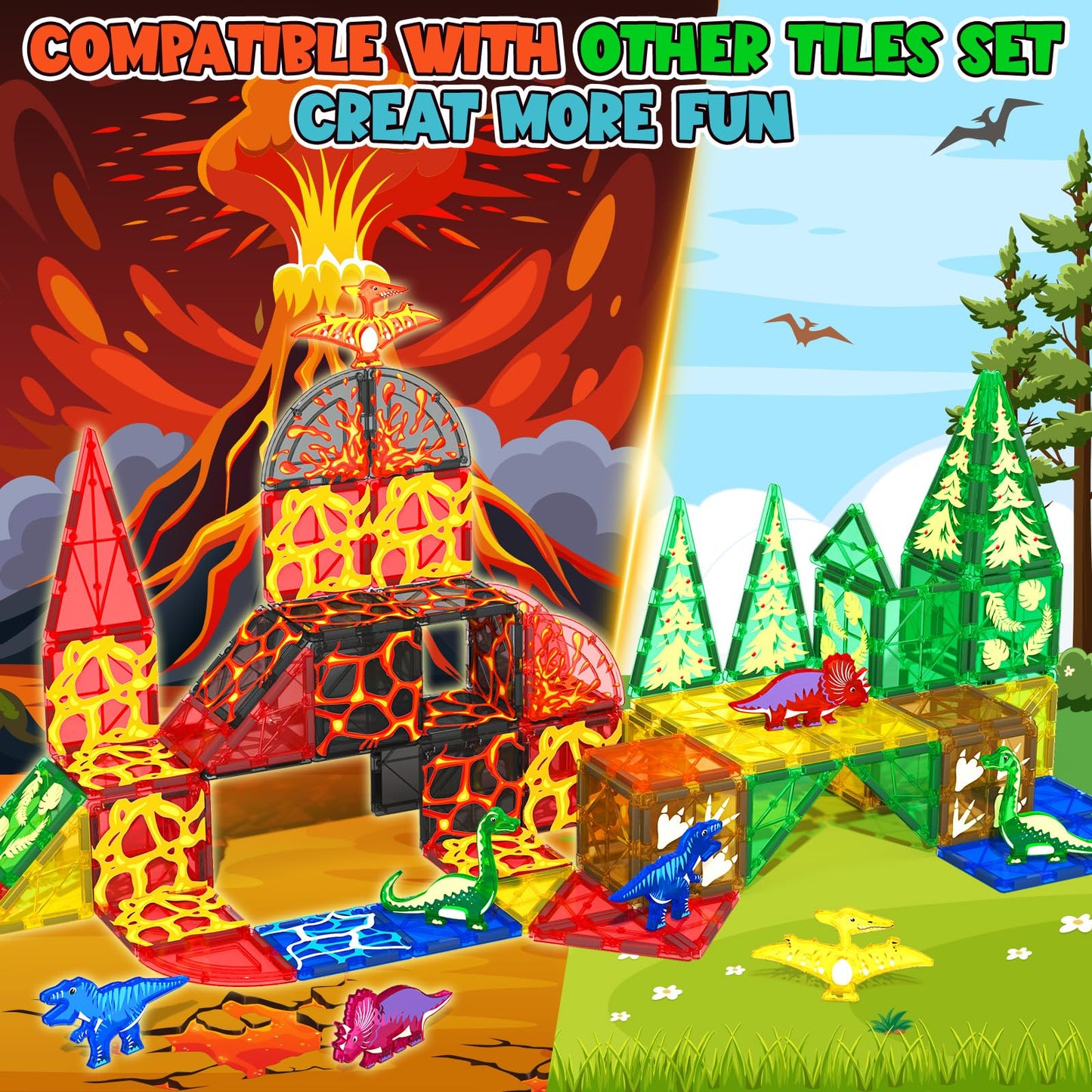 Coodoo Dinosaur Toys Magnetic Tiles Set - STEM Learning Blocks for Kids 3-13 Years - Montessori Lava Dinosaur World Games