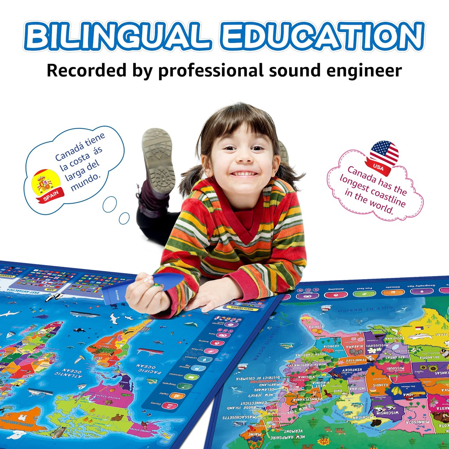 Qiaojoy Bilingual Interactive For Kids Talking Usa Map World Map For Kids Learning, Geography Toys Games Educational Electronic Map Personalized Gift/Toys For 4 5 6 7 8 9 10 Year Old Girls/Boys…