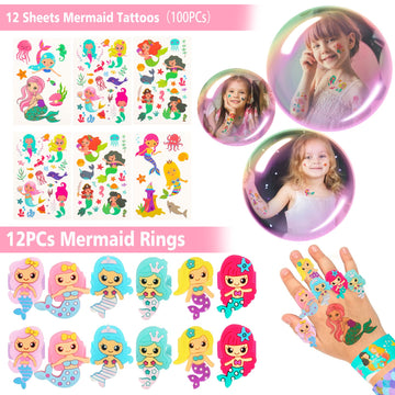 CHRIMISS 102Pcs Mermaid Party Favors Mermaid Bags Mermaid Slap Bracelets Rings Keychain Mermaid Hair Rings Temporary Tattoos Sti