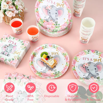 Hushee 200 Pcs Pink Elephant Baby Shower Paper Plates Napkins Cups It'S A Girl Baby Shower Party Supplies Tableware Set Pink Dis