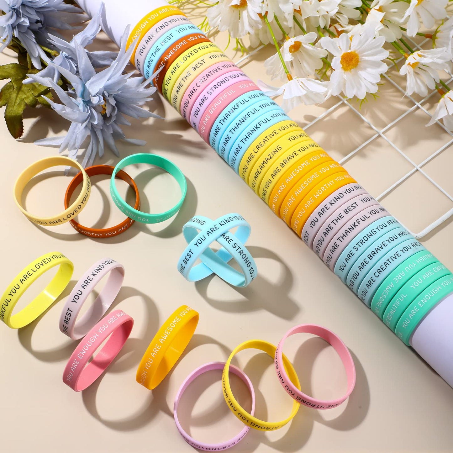 Roowest 120 Pcs Motivational Wristbands Bulk for Student Inspirational Rubber Bands Stretch Silicone Bracelet Stocking Suffers f