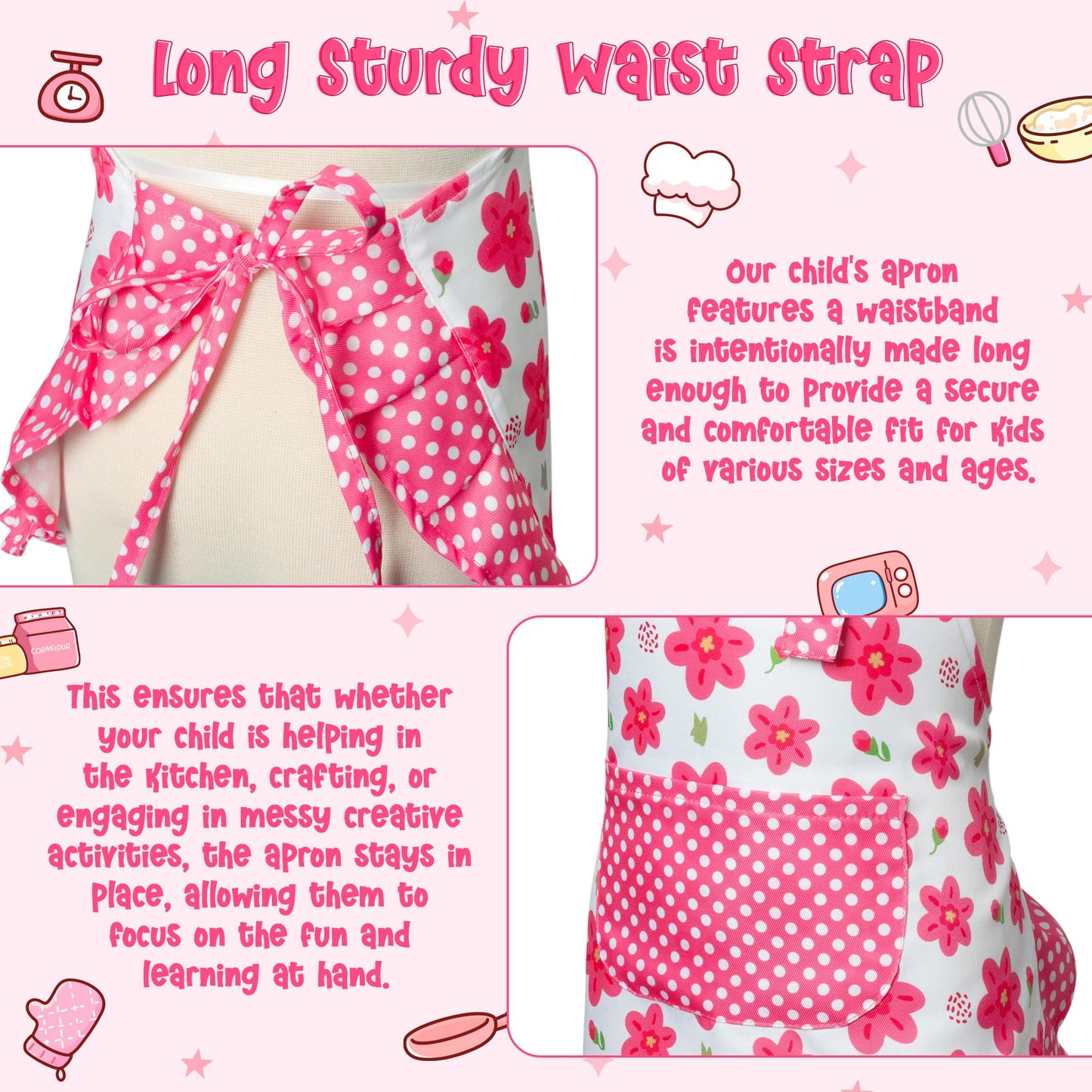 R HORSE Kid Apron and Chef Hat Set - 2Pcs Adjustable Children Pink Flower Kitchen Apron, Dress up Role Play Chef Toy Cooking Bak