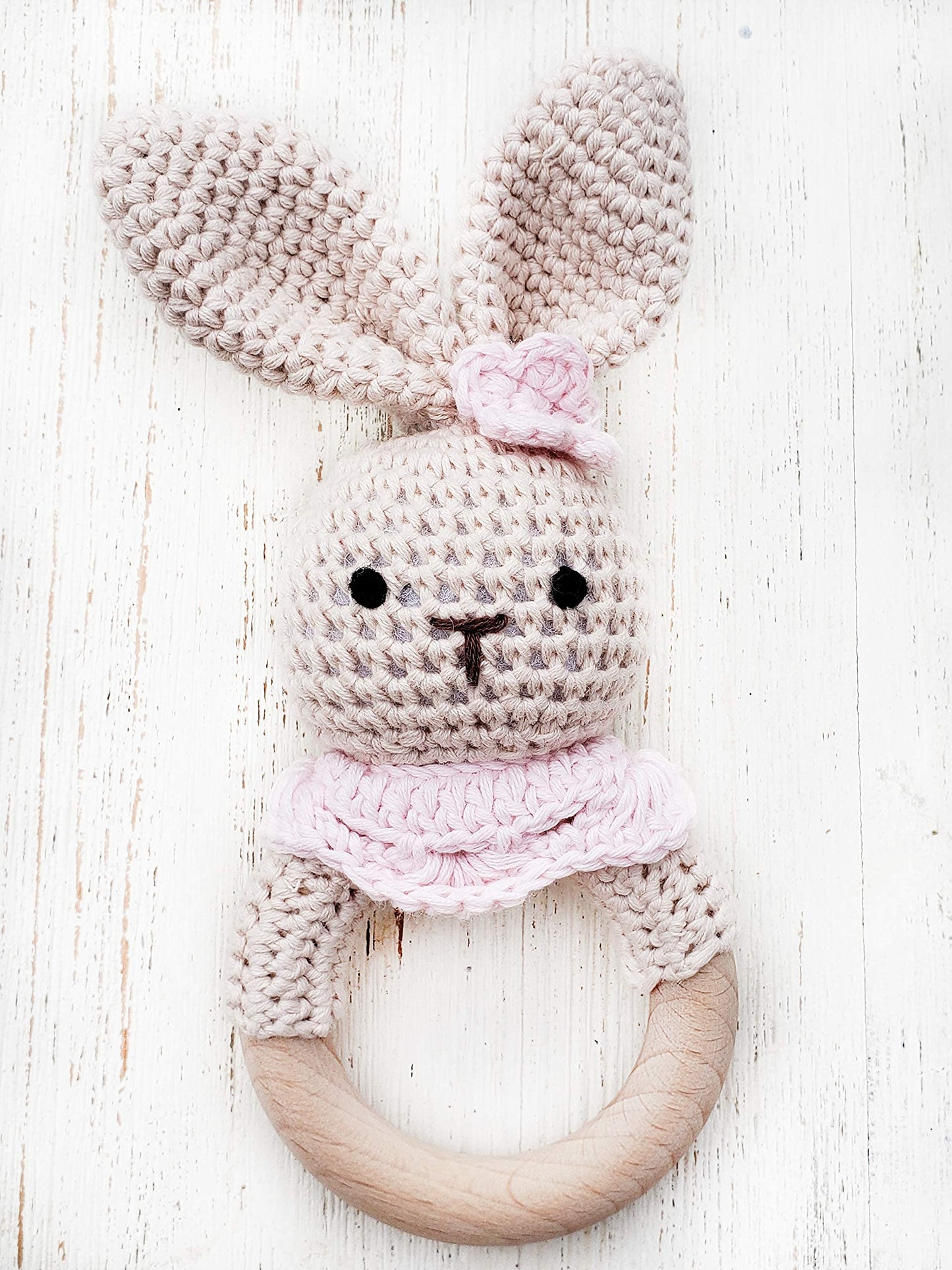 Natural Crochet Teether Toy Rattle For Baby Forest Friends Handmade Amigurumi Crochet Bunny Deer Fox On Natural Wooden Teething