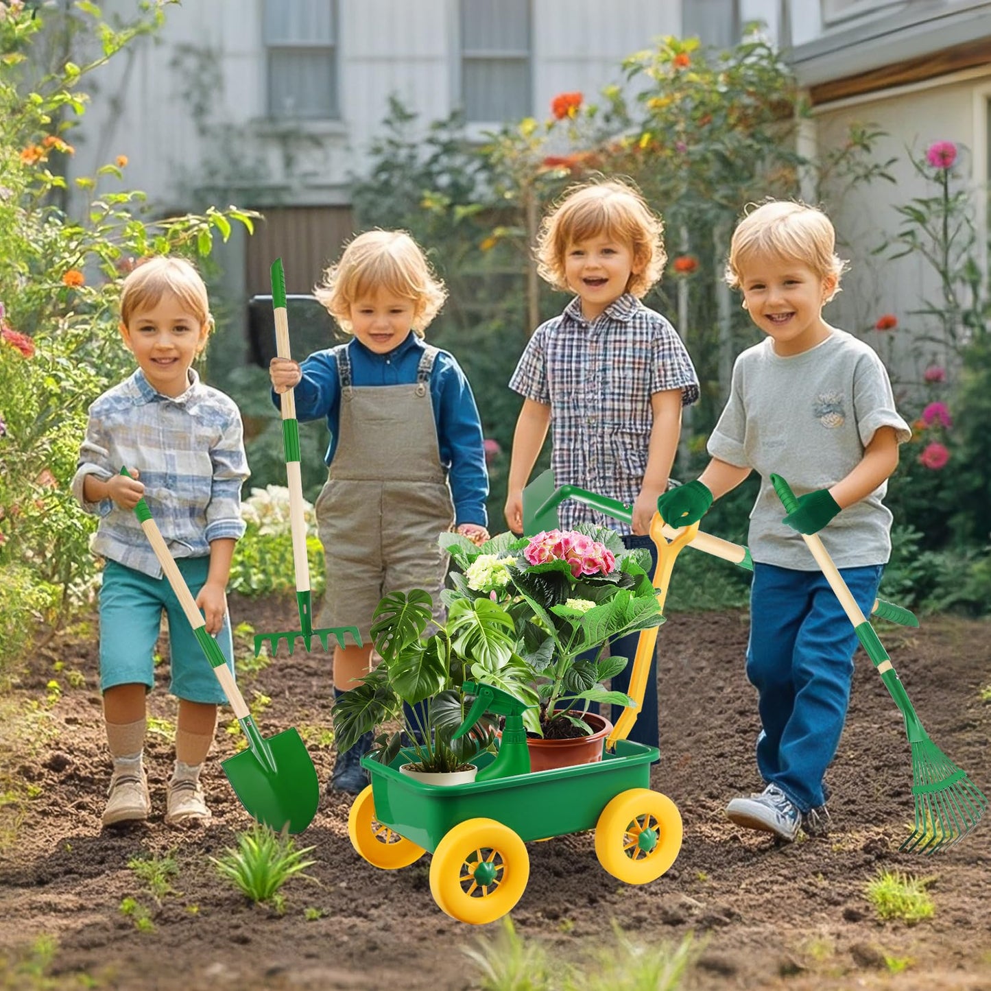Duckura Kids Gardening Tools Set - 7Pcs Wheelbarrow Set Outdoor Toy For Kids With Shovel, Rake, Leaf Rake, Yard Digging Weed Toys, Easter Birthday Gifts For Boys Girls Age 3 4 5 Years Old(Yellow)