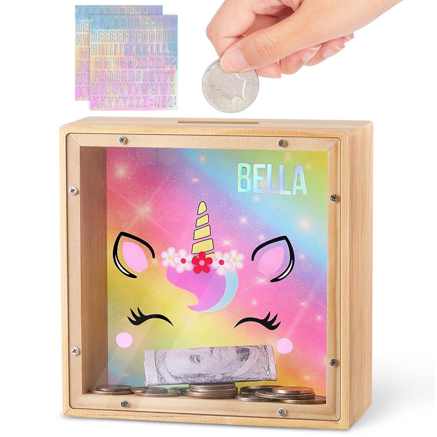 Piggy Bank Girls, Wooden Piggy Bank For Kids Unicorn Money Bank Coin Bank With Diy Letter Stickers,Rainbow