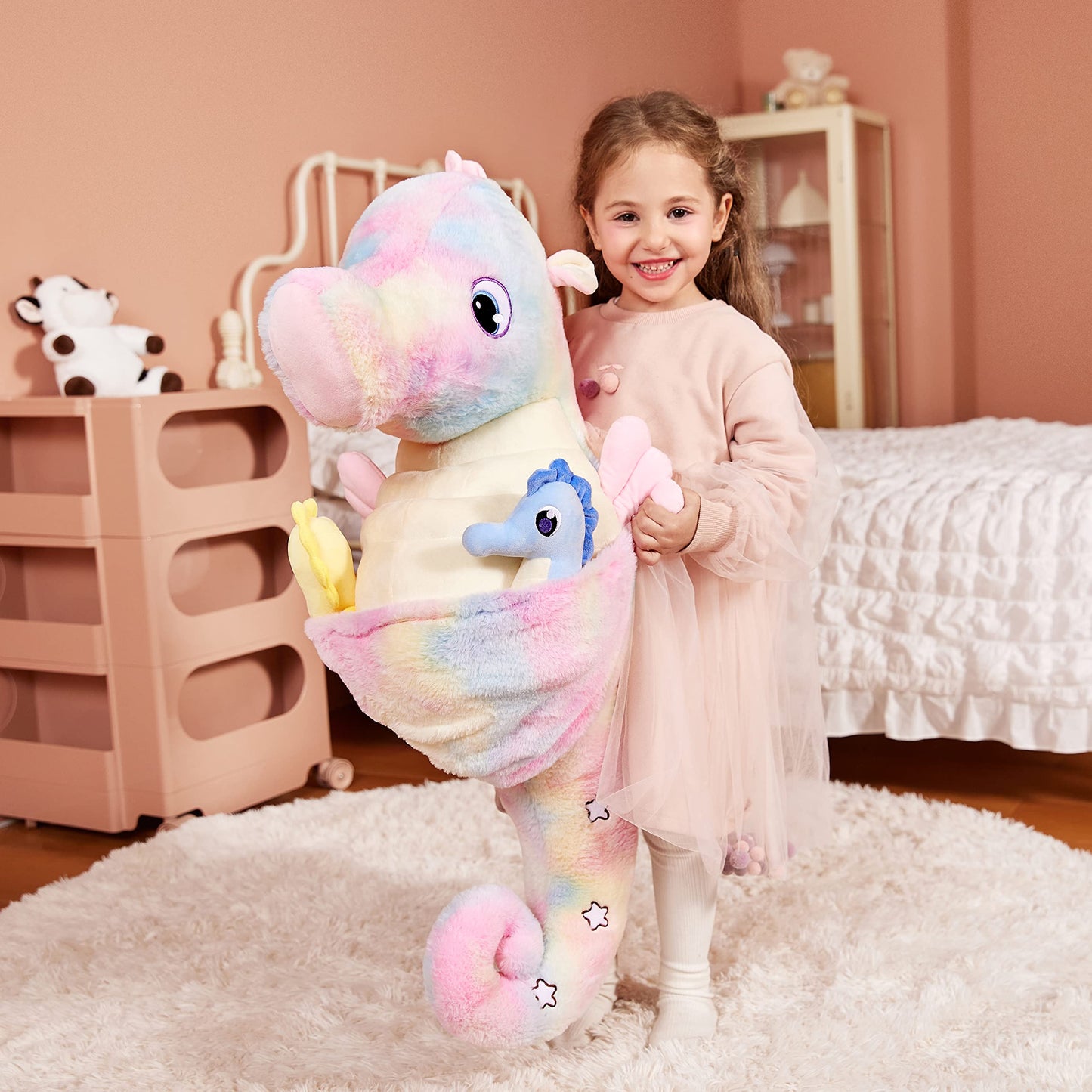 IKASA Giant Seahorse Plush Toy 30" Soft Polyester Stuffed Animal with 2 Babies, Cute Jumbo Sea Horse, Model 6636603
