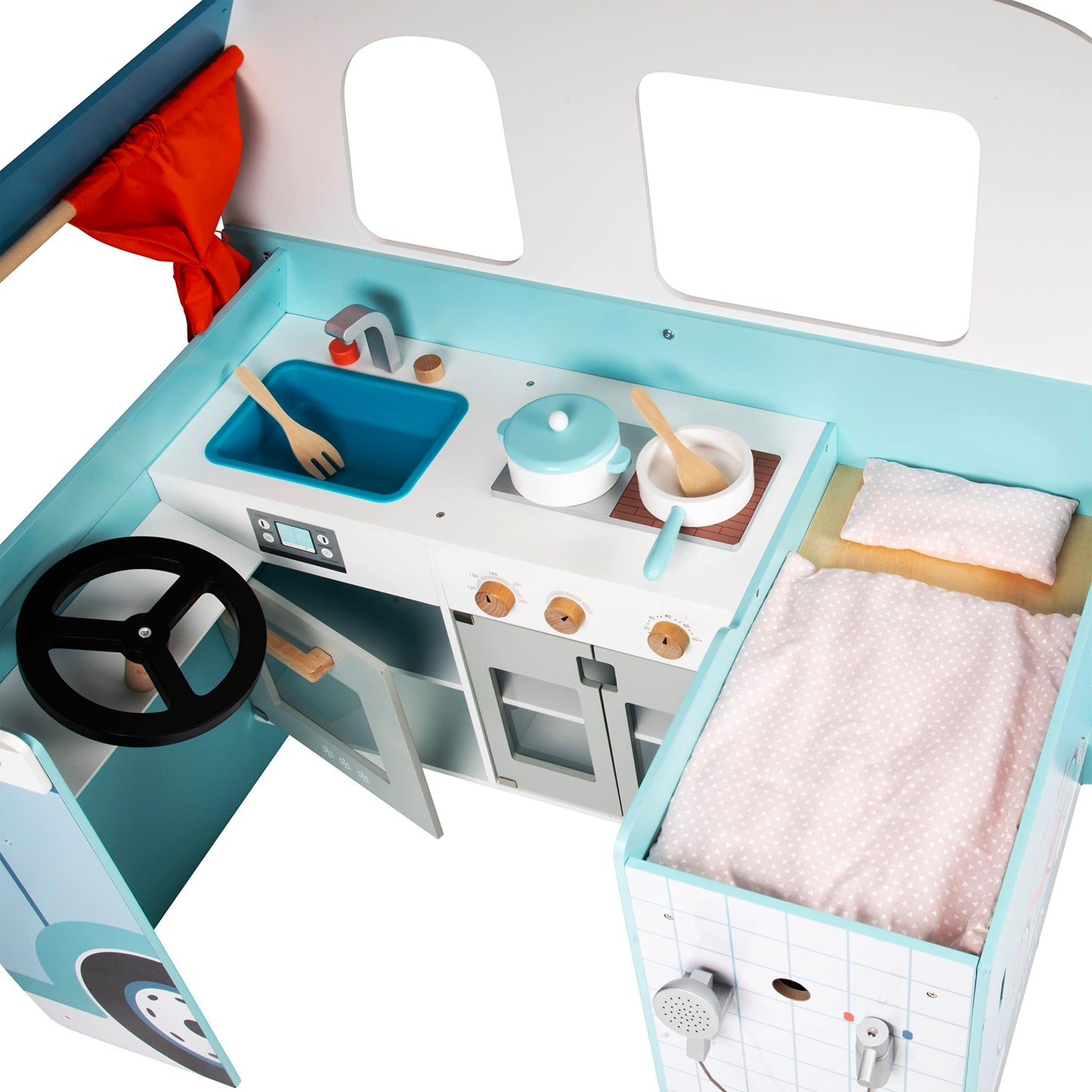 Wooden Play Camper Van Toy Playset w Steering Wheel, Kitchen w Stove, Oven, Bed, Pillow, Pretend Shower, Curtains, Personalizati