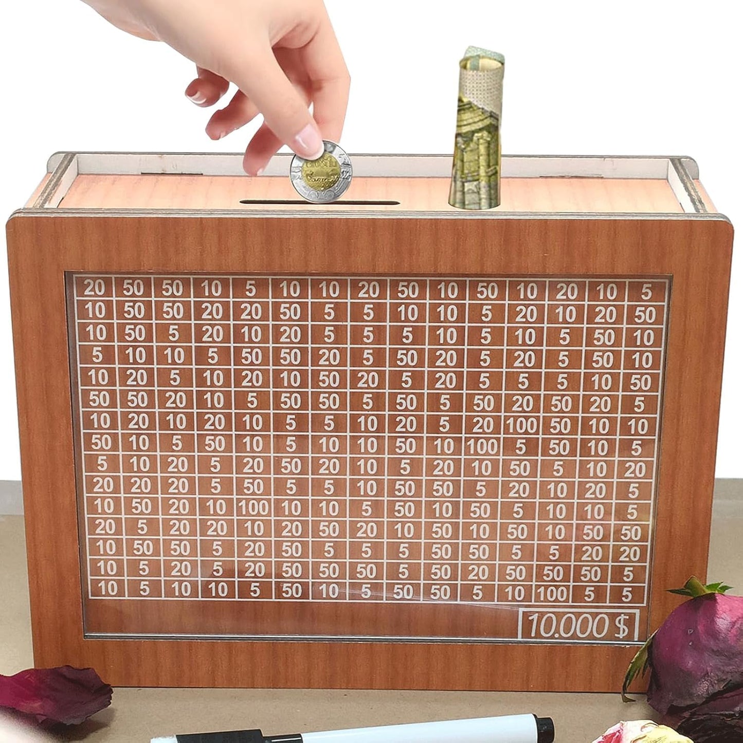 kjsdsss 10000 Savings Challenge Box - Wooden Cash Vault, Brown Coin Counter Piggy Bank for Money Saving Challenges, 2025 Model