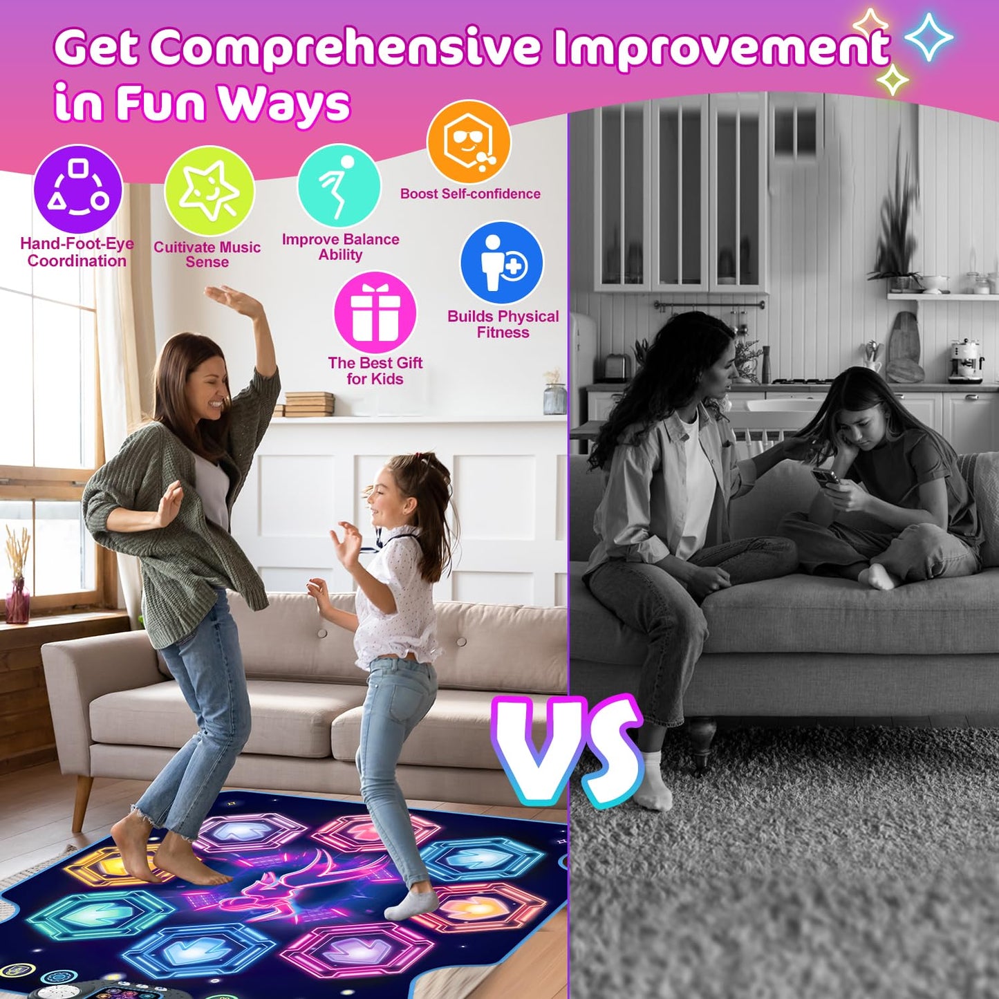 Dance Mat Toys, 2024 Light Up 8-Button Dance Pad with Wireless Bluetooth for 3-12 Year Old Girls Boys, Upgraded Dance Pad Flowin