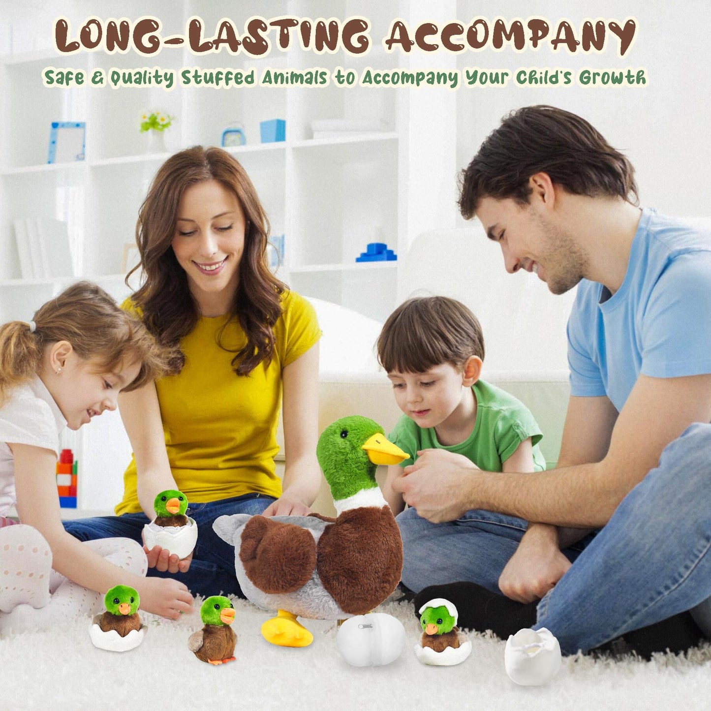 Youthfuljive 7 in 1 Mallard Duck Plush Toy Set with Mommy Duck, 4 Baby Ducklings, and Eggs - Perfect for Kids' Birthdays, Easter, and Farm Party Decor