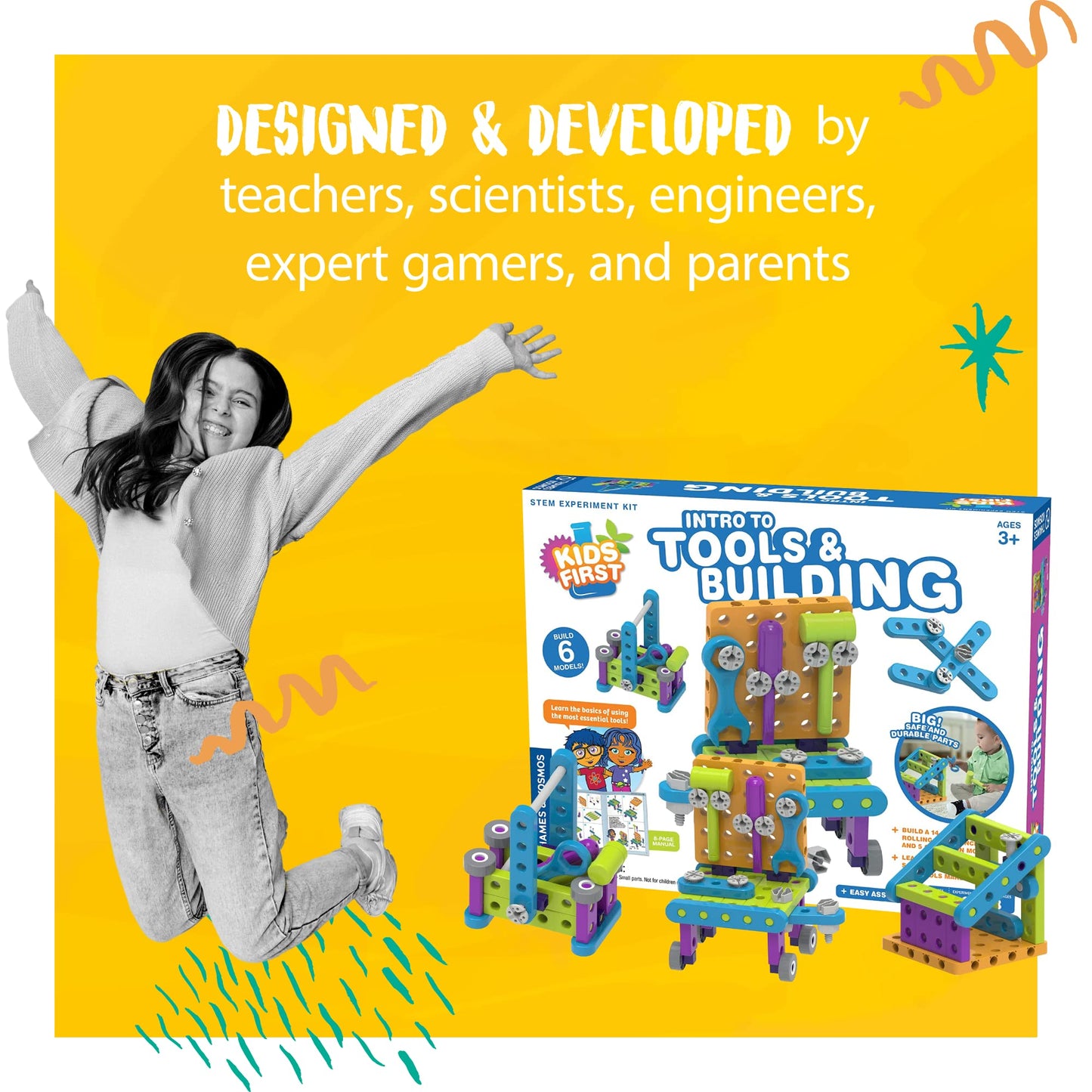 Thames & Kosmos Kids First: Intro to Tools & Building STEM Experiment Kit for Ages 3+ | Build 6 Models Learn Basic Mechanical Engineering Principles | Make Your Own Workbench with Durable Parts