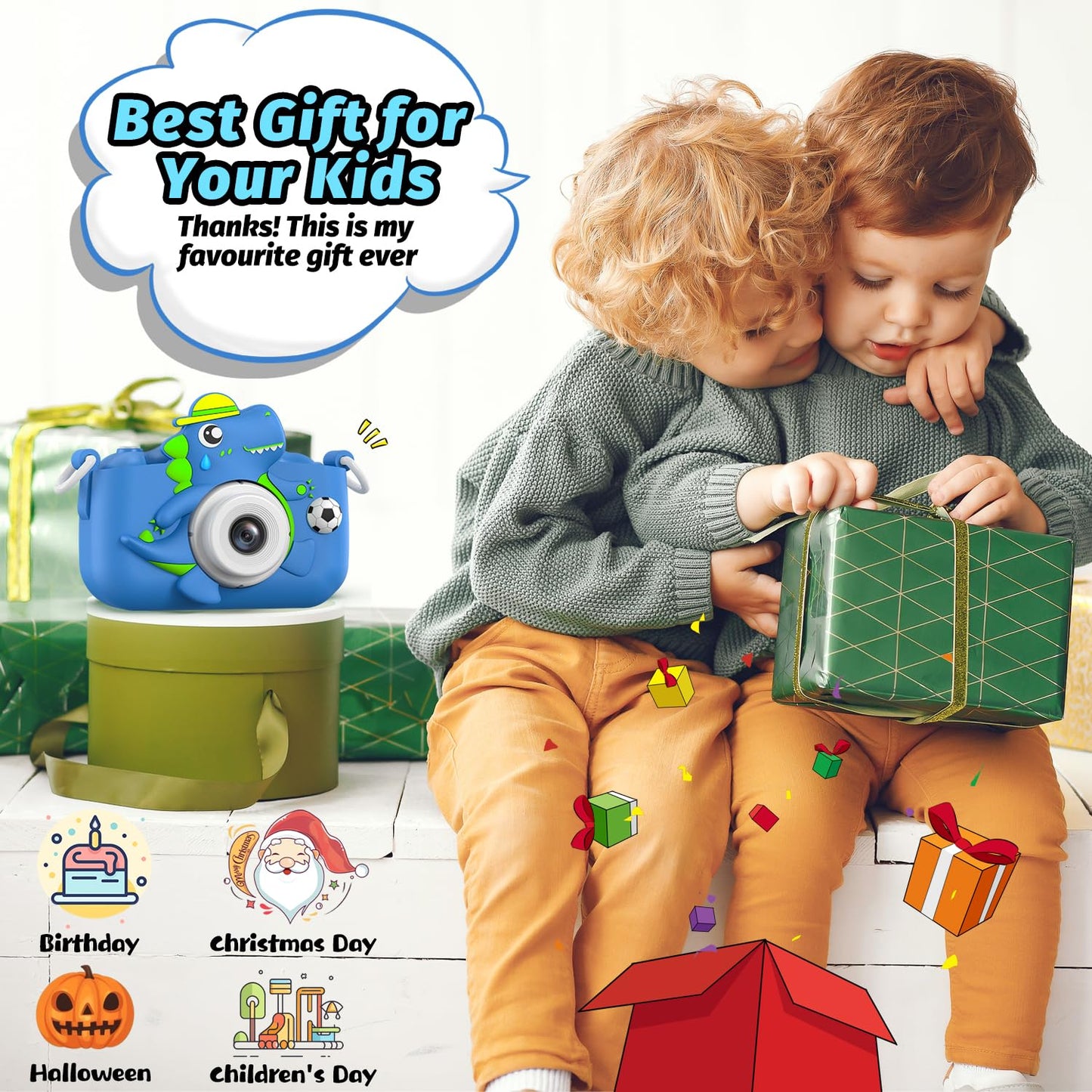 Dinosaur Kids Camera For Boys Girls, Toddler Digital Selfie Camera With Cute Protective Cover And 32G Sd Card, Christmas Birthda