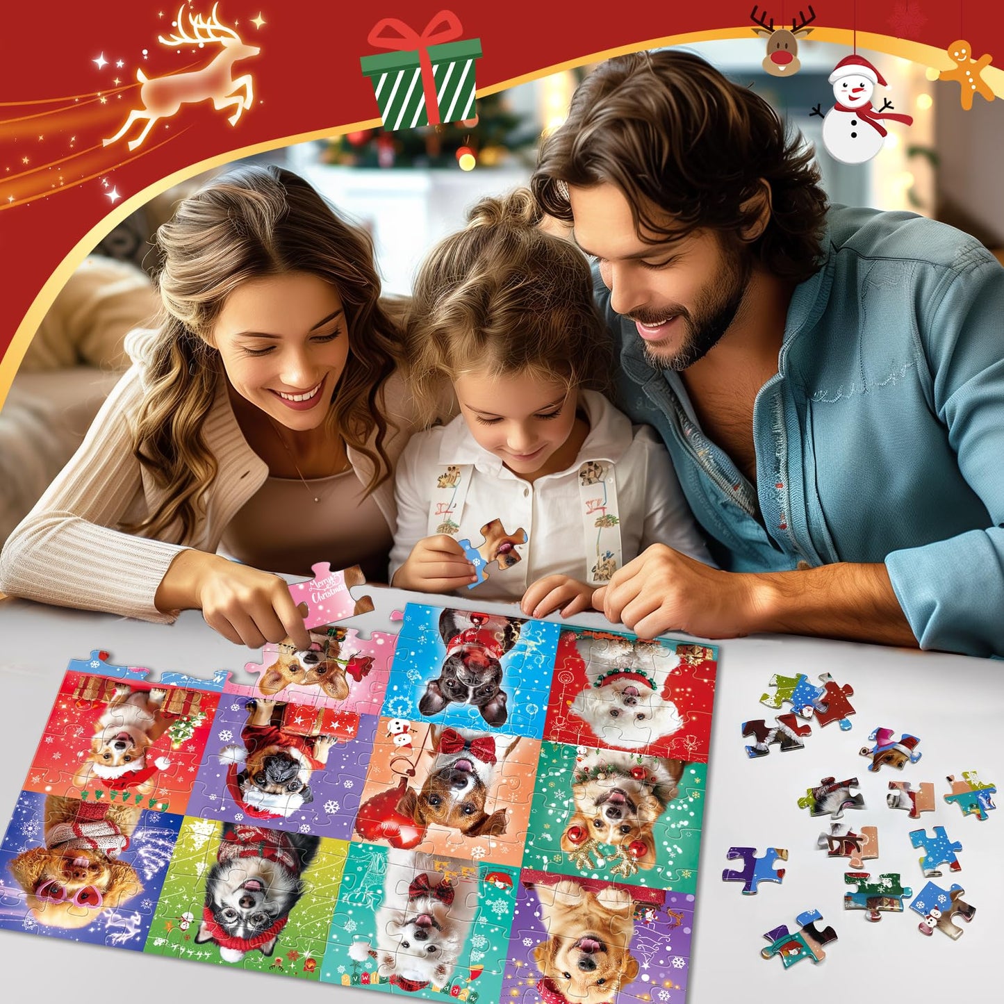 100 Pieces Christmas Puzzle For Kids Age 4-8 4-6 8-10 Christmas Cat Dog Jigsaw Puzzles Gifts Stocking Stuffers For Boys Girls (D