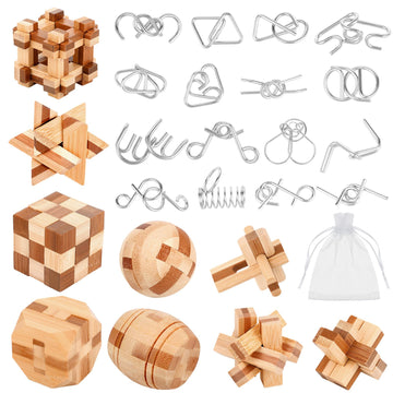 25 Pcs Wooden Brain Teaser Puzzles Metal Wire Puzzle Set, 3D Unlock Interlock Game Iq Test Toy Mind Game Toys Brain Teaser Toy P