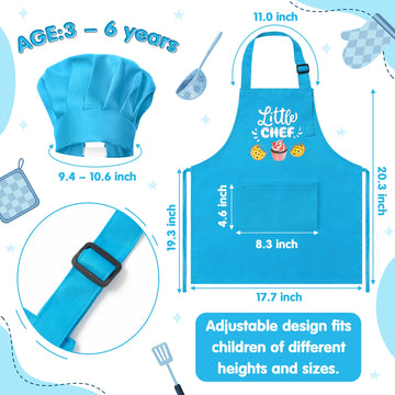 R HORSE 2 Pcs Kid Apron and Chef Hat Set, Adjustable Children Blue Kitchen Apron Cooking Baking Painting and Training Kits Dress