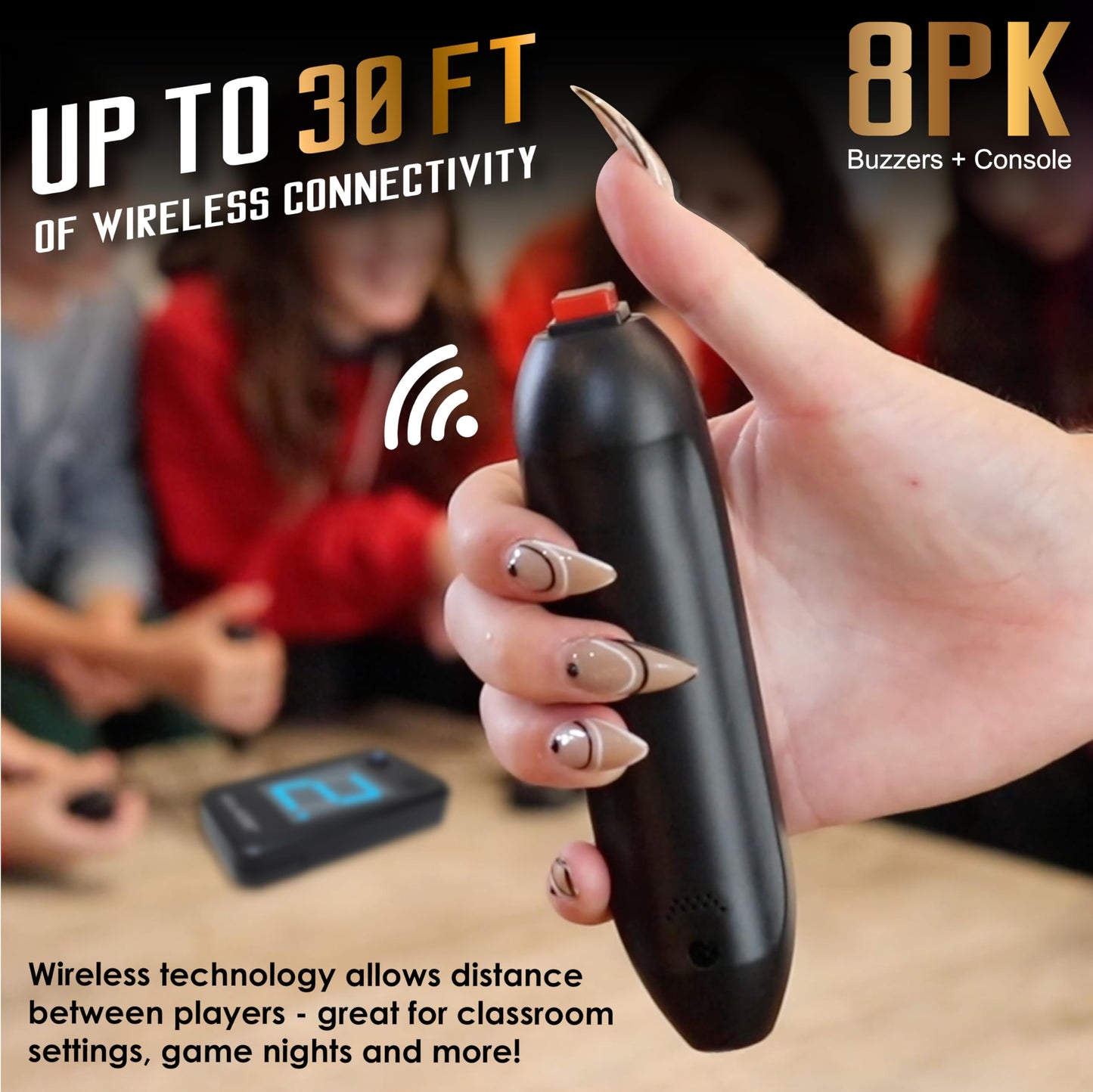 Digital Energy Wireless Handheld Game Buzzer System - Console Displays First Buzz-In - Great For Jeopardy, Family Feud, Trivia And Buzzer Games - 8 Joystick Buzzers
