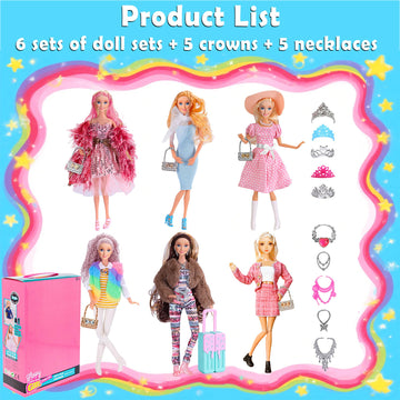 iBayda 6 Pack Fashion 11.5 inch American Toy Prinecess Dolls Playset with Outfits Dress Design and Accessories Like Handbag Hat Crown Necklace Suitcase (Gift Box Package)