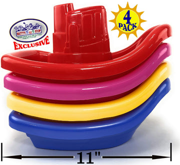 Matty'S Toy Stop Plastic Nesting/Stacking Tug Boats (11') Red, Blue, Pink & Yellow Gift Set Bundle, Perfect For Bath, Pool, Beach Etc. - 4 Pack