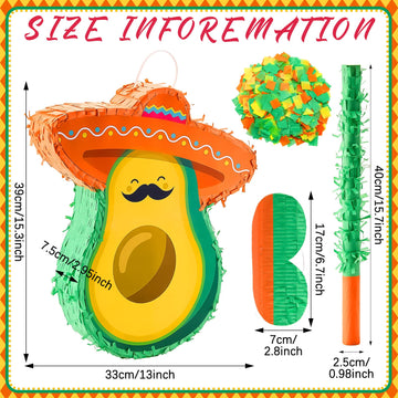 Avocado Piata Mini Sombrero Hats Mexican Fiesta Game Favors with Piata Stick Blindfold Confetti Set, 15.4 x 13 x 3 Inch