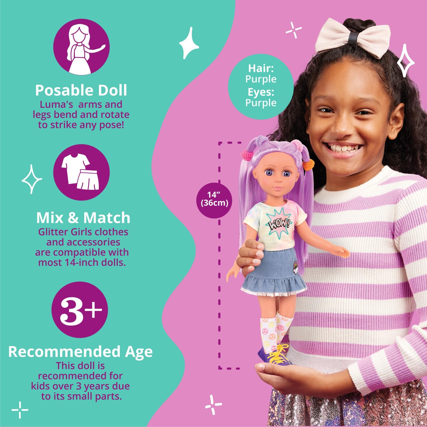 Glitter Girls – Luma 14-Inch Posable Doll With Hair Extension & Pink Hair Bow, Hair Clips, And Colorful Outfit – Toys, Clothes, And Accessories For Kids Ages 3 And Up