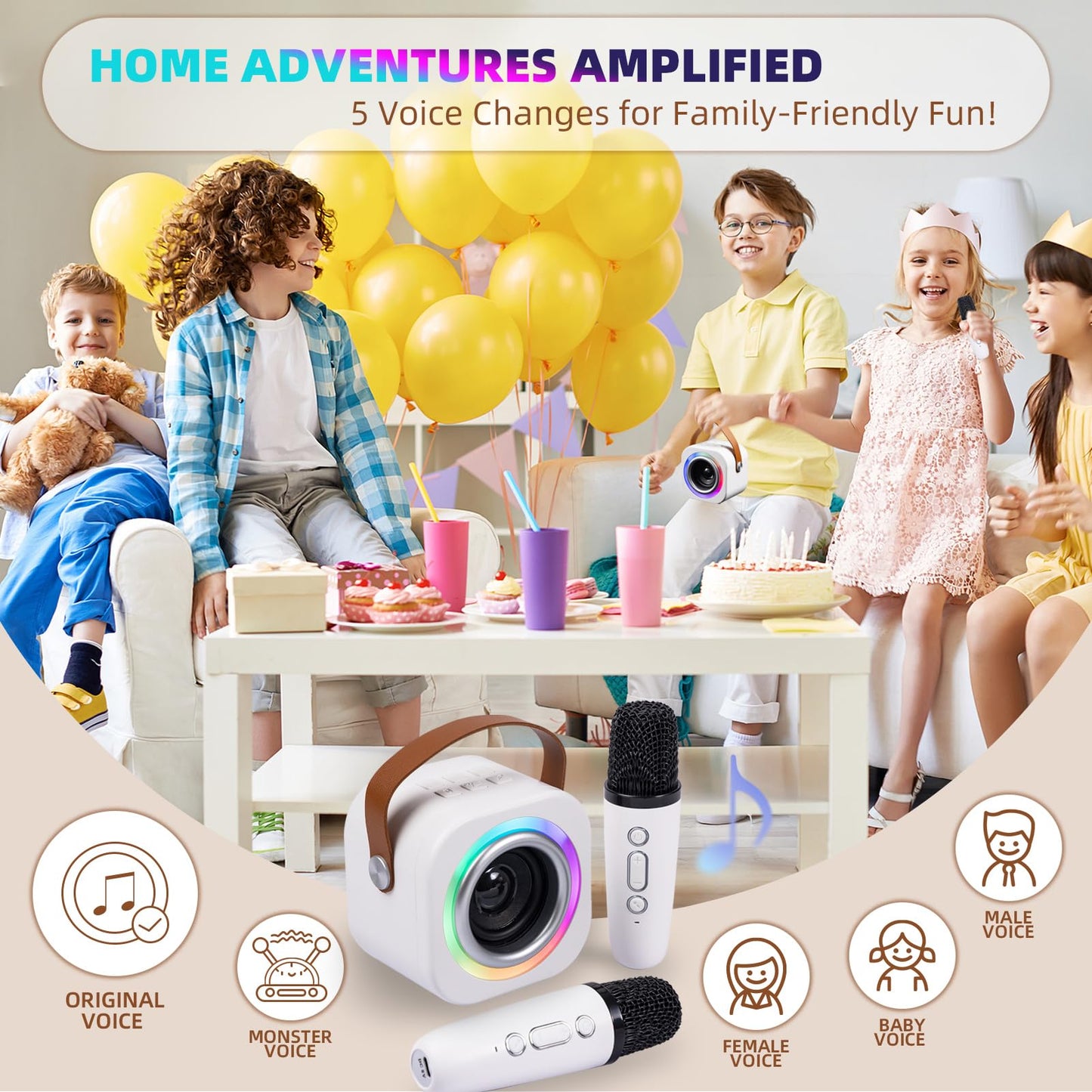 Mini Karaoke Machine for Kids with 2 Wireless Mics,Voice Changer Fun Effects,Portable Bluetooth Speaker with LED Lights,AUX/USB/