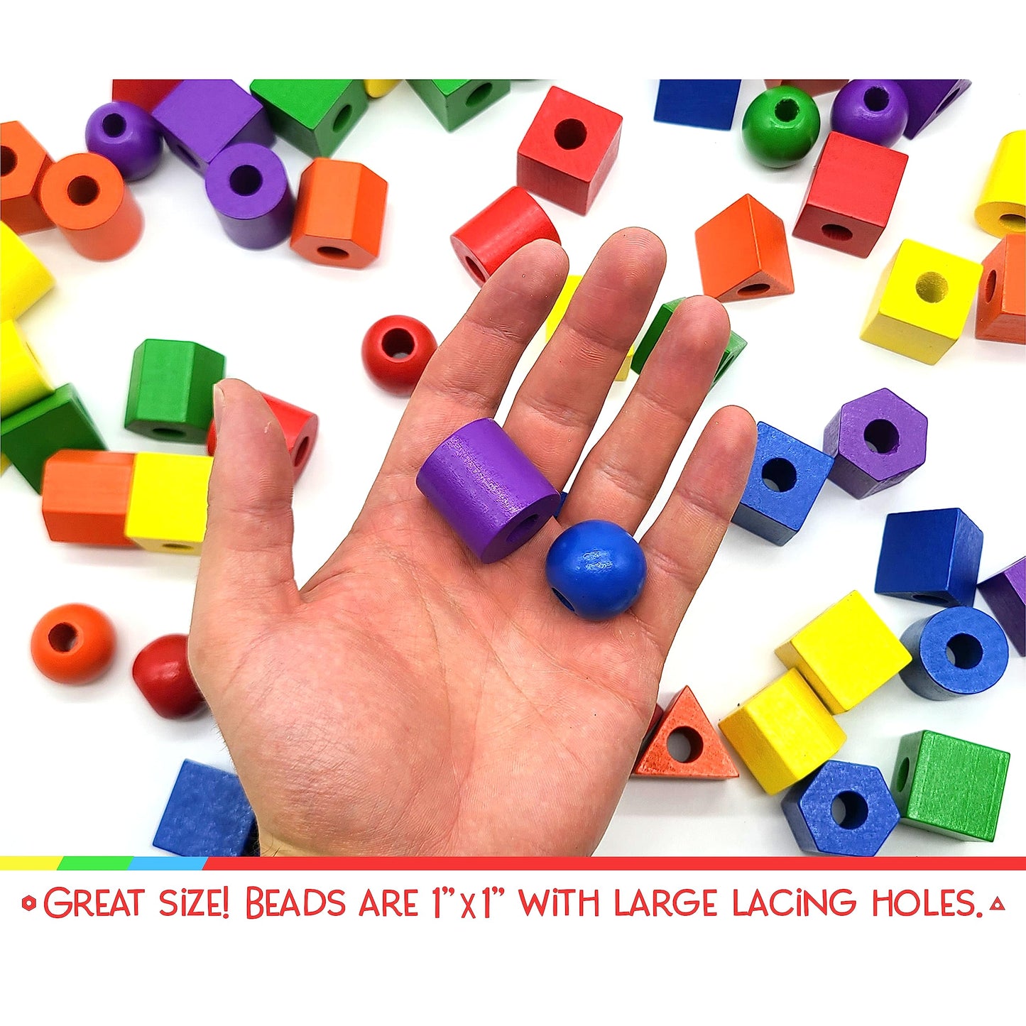 LMC Products Wooden Lacing Beads & Strings Set - 125 Pieces, Colorful Fine Motor Skills Toys for Toddlers, Occupational Therapy, Large Size