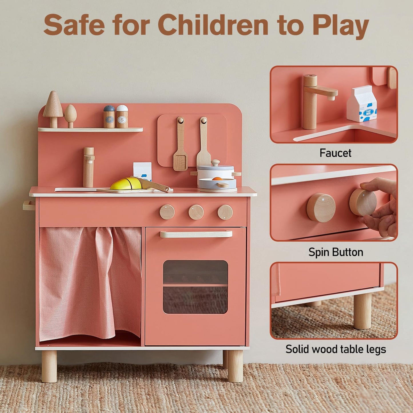 Giant bean Wooden Play Kitchen, Nordic Play Kitchen for Toddlers 1-3, Kitchen Playset for Kids with Cookware Accessories, Preten