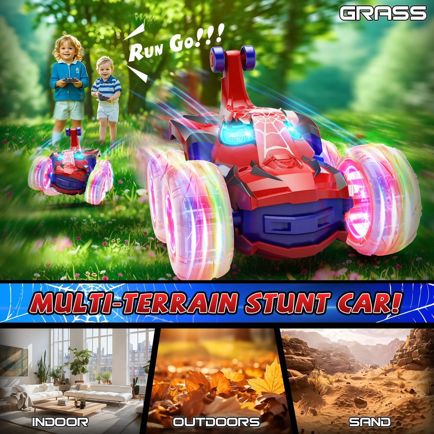 MIXSHAKE Remote Control Car for 3 4 5 6 7 8 Year Old Boys Girls, 360 Flips 4WD RC Cars with Cool Light, Type-C Easy Charging RC