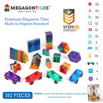 MEGAGONTILES 182PCS enhanced MagneticTiles MagnetTiles STEM AUTHENTICATED MEGA MagnetTiles Magnetic Blocks Magnetic Building Blocks Magnets for Kids MagneticTile Toy Boys Girls Age 3 4 5 6 7 8