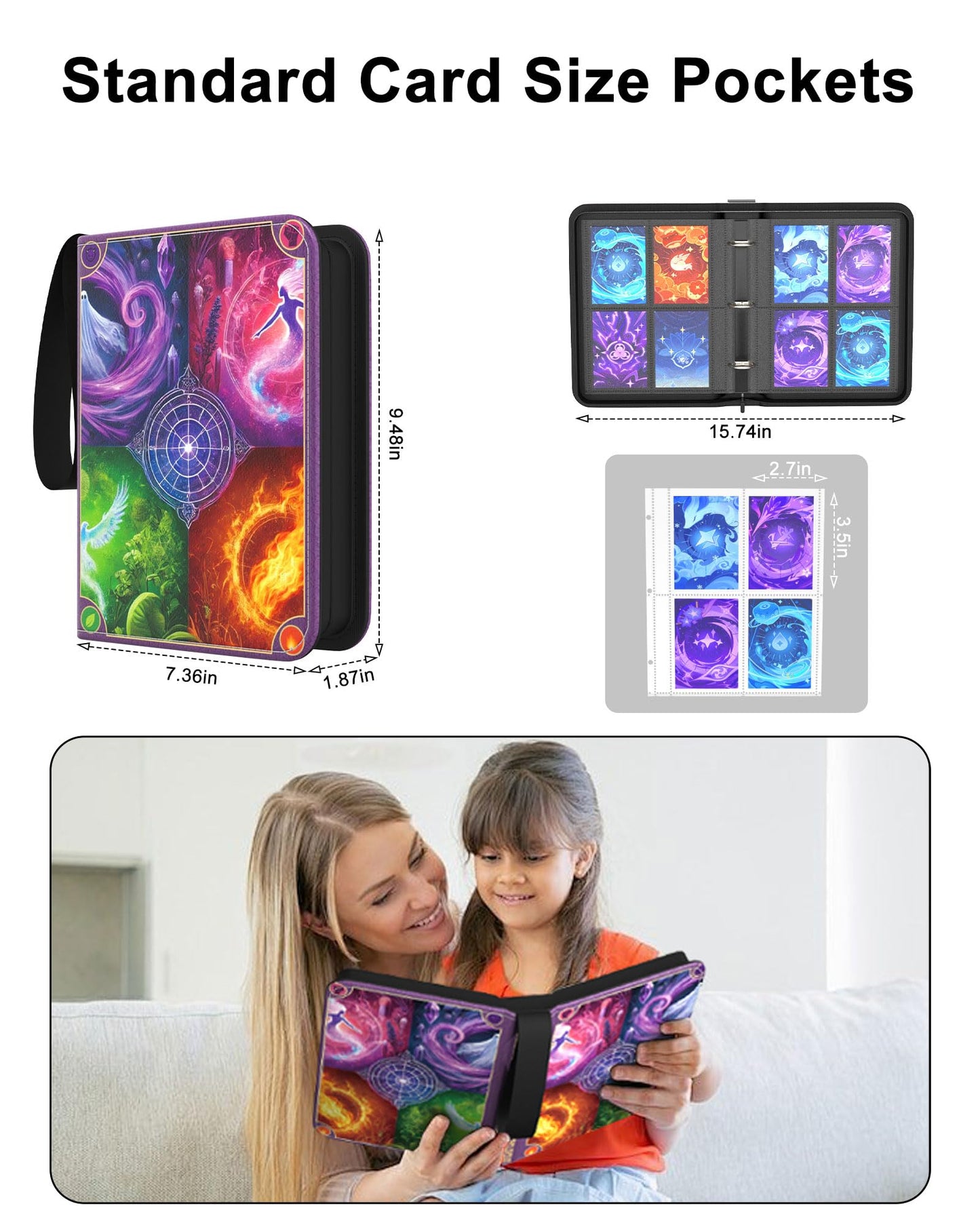 KWRNVO Card binder 4 Pocket Trading Card Binder Hold 440 Cards With 55 Removable Sleeves Portable Card Book Album with Zipper for Christmas Gifts