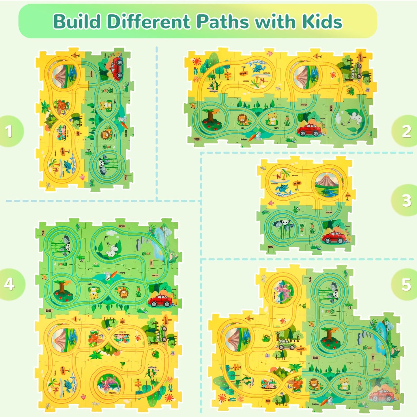 Yooyid Plastic Floor Puzzles For Kids With 2 Cute Vehicles, Puzzle Racer Kids Car Track Set, Montessori Toys For 3 4 5 6 Year Ol