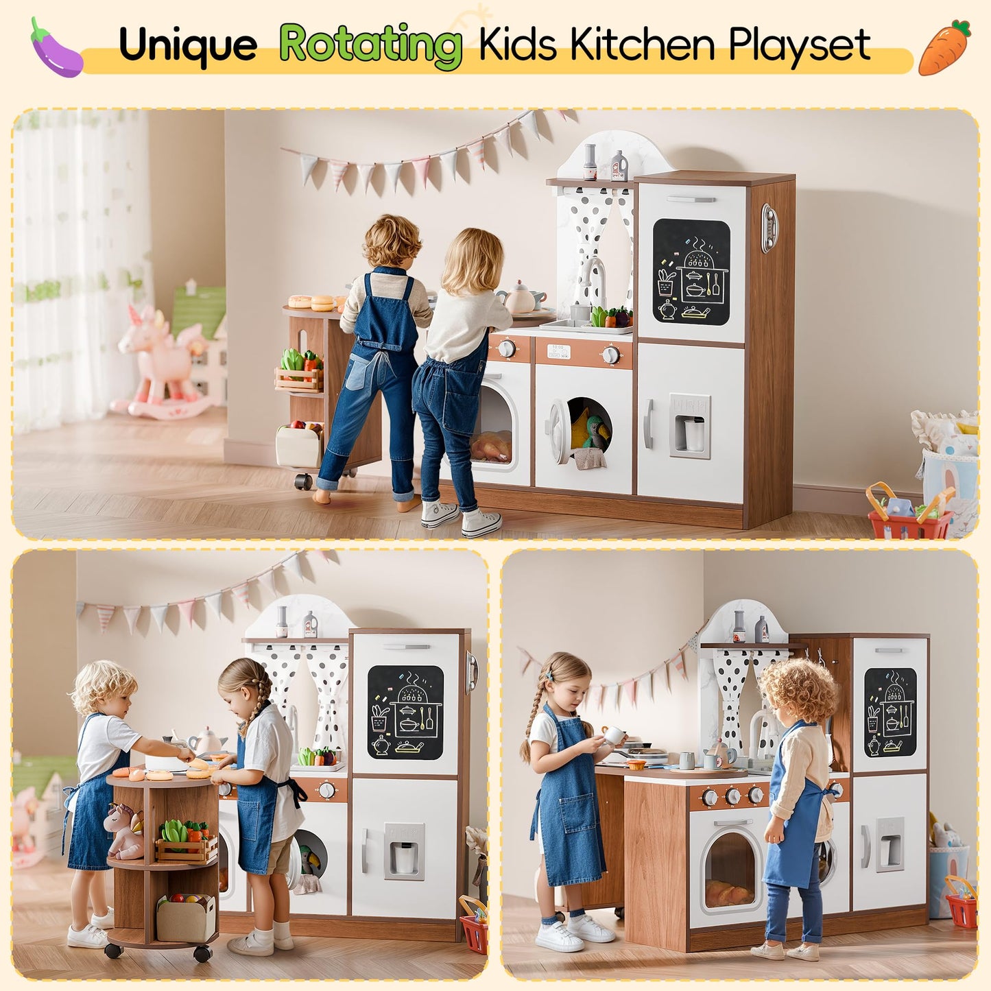 Wooden Corner Play Kitchen With 180 Rotating Design, Kids Kitchen Playset With Interactive Lights & Sounds, Toddler Kitchen Set