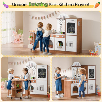 Wooden Corner Play Kitchen With 180 Rotating Design, Kids Kitchen Playset With Interactive Lights & Sounds, Toddler Kitchen Set