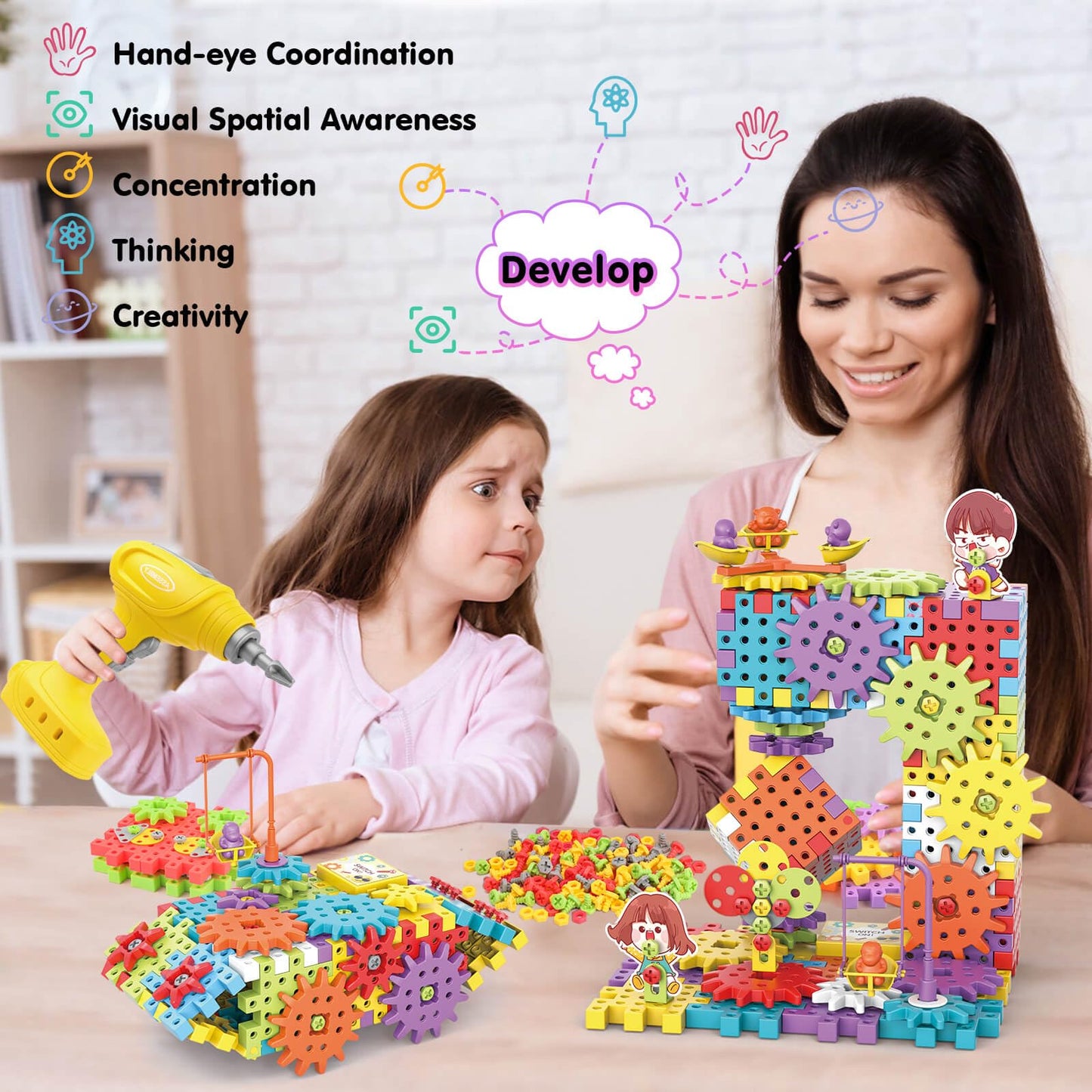 DEKILEA Building Toys, 234 Pieces Upgrade Gear Building Blocks Set Kids Tool Set with Electric Drill, Construction Toys STEM Kit