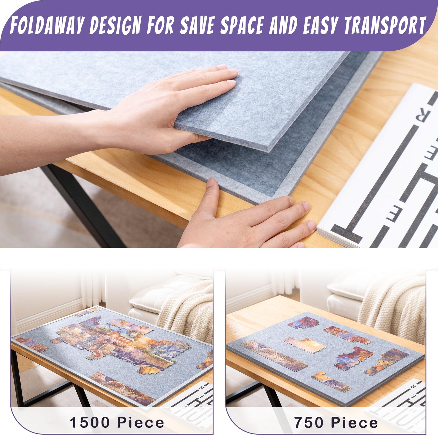 Tektalk Foldable Jigsaw Puzzle Board - Adjustable Stand, Portable Felt Table for 1500 Pieces, Gray, Model WGPTB