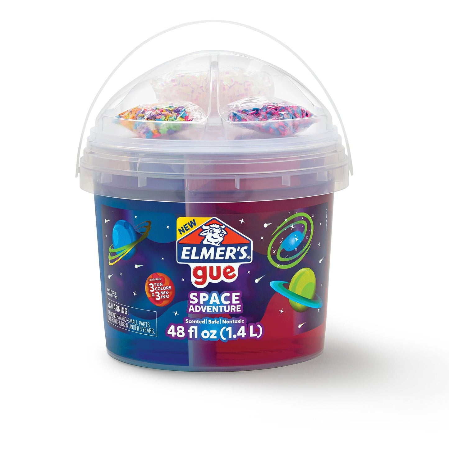 Elmer’S Gue Premade Slime Bucket, Space Adventure Theme, Includes 3 Lb. Bucket With 3 Types Of Slime And 3 Sets Of Add-Ins
