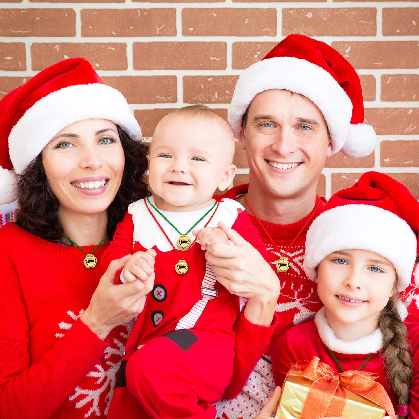 64 Pieces Christmas Bell Necklaces Large Gold Red Green Bell Necklaces for Craft Holiday Party Supplies (Beautiful Colors)