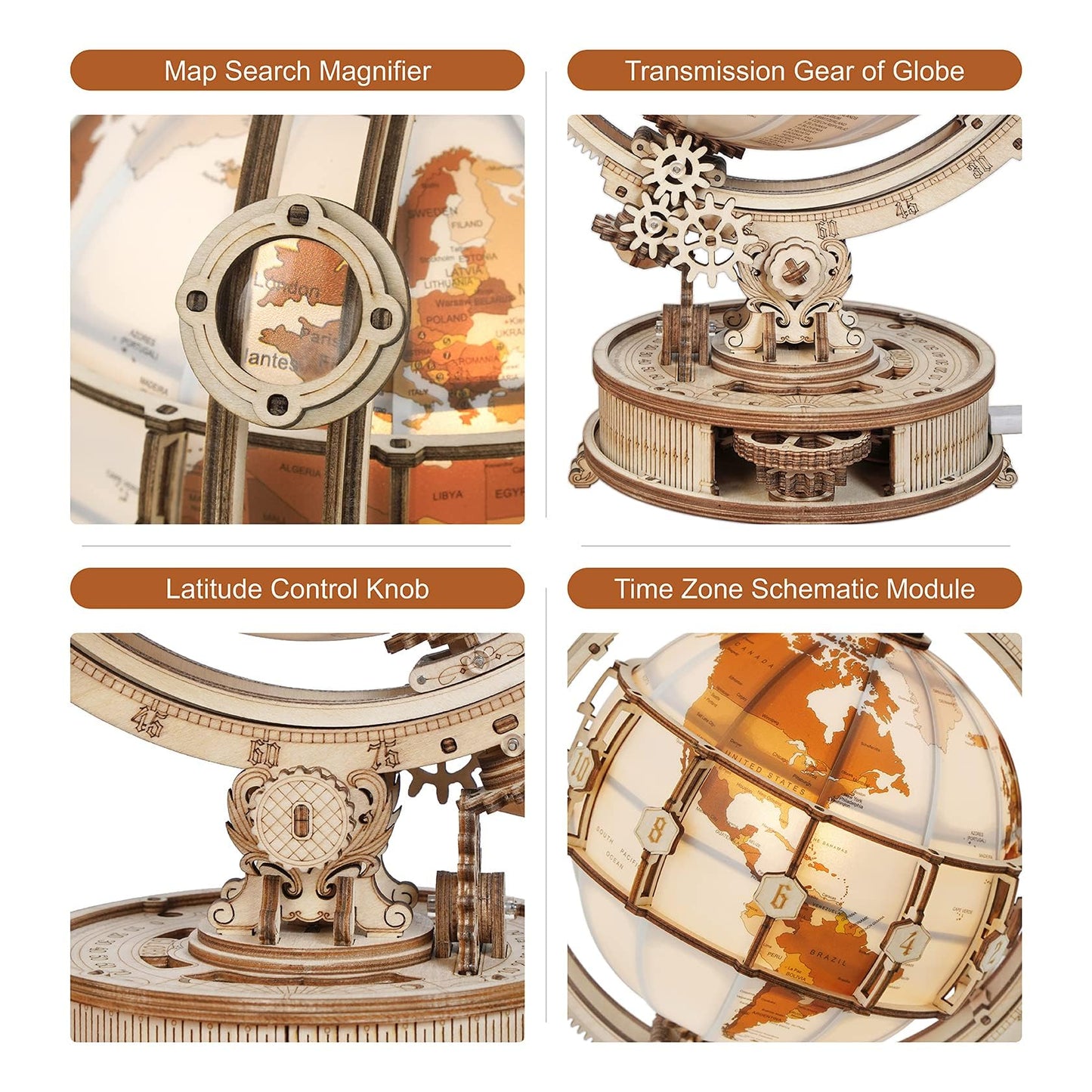 Rokr 3D Wooden Puzzles For Adults Illuminated Globe With Stand 180Pcs 3D Puzzles Built-In Led Model Kit Hobby Gifts For Adults/Teens Home Decor