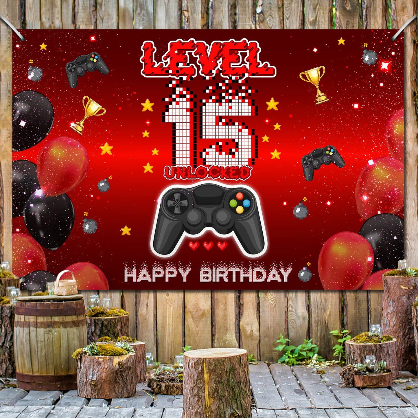 Level 15 Unlocked Backdrop Banner Decorations Video Game On Happy 15th Birthday for Boys Kids Red and Black 15 Years Old Level U