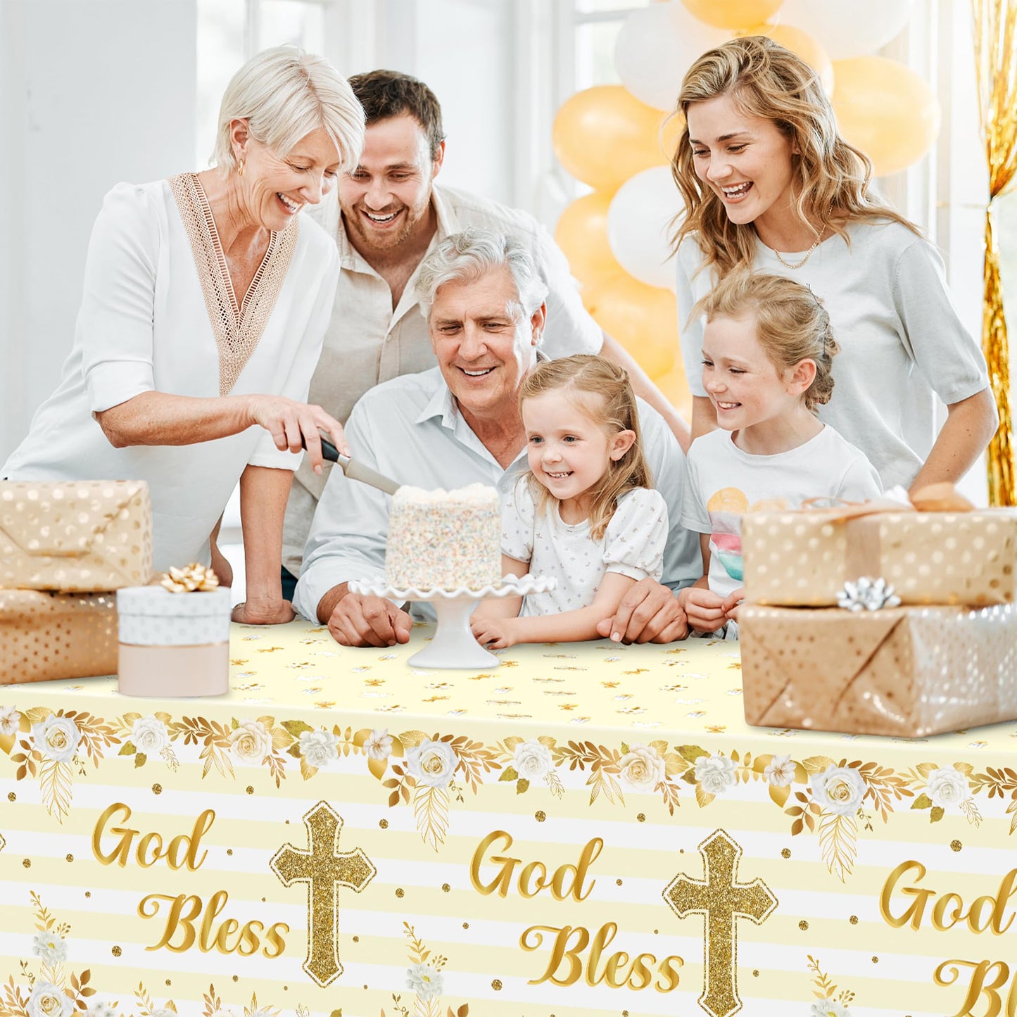 Bkeecten 3 Packs Gold Baby Baptism Party Tablecloths Decorations Flower Theme Displsable Plastic Waterproof Rectangle God Bless
