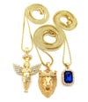 Fashion 21 Micro Colorful Gemstone, Angle, Lion Pendant 24'',30'' Box Chain 3 Necklace Set Gold Tone RC1413G (Blue)